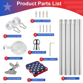 Silver 6ft American Flag Pole Kit with Solar Light for Outside House, Outdoor Tangle Free Metal Flagpole with Holder Bracket, 3x5 Foot Embroidered Flags, 13 LEDs Light Solar Powered, Work 10+Hours