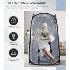 Gollense Portable Steam Sauna Tent with 4L 1500W Steamer, Foldable Chair, Home Sauna Spa Tent for Detox Relaxation, One Person Full Body Pop Up Personal Sauna Box Steam Room, Dark Grey