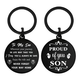 iyaone Proud of You Son Gifts - Son Engraved Keychain - Son Birthday Christmas Graduation Gifts from Mum and Dad