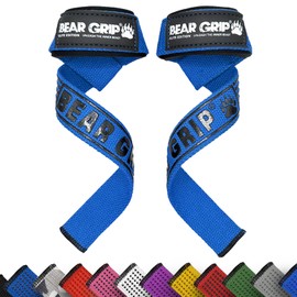 BEAR GRIP® Straps - Premium Neoprene padded Heavy Duty double stitched weight lifting gym straps, Gel grip, 100% cotton, Extra long length (Blue)