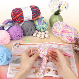 Coopay Crochet Set for Worry Worms with 4 Colourful Crochet Yarn and 4 Colour Gradient Crochet Yarn, Lucky Worms Crochet Set with 50 Pieces Wooden Balls with Face, Instructions, Crochet Hook, Lucky