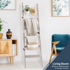 Wooden Blanket Ladder with Removable Hooks, 6-Tier 5.66 Ft (68 Inch) Rustic Blanket Rack, Blanket Ladders for Living Room & Bedroom, Easy Assembly, Perfect for Displaying Blankets&Scarves,Rustic White