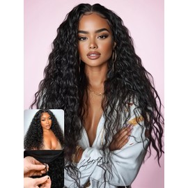 Nadula Bye Bye Knots No Slip Wig Water Wave Glueless Drawstring Wig Human Hair with Flexible Mesh Cap Fits All Head, Pre Cut 7x5 HD Bye-Bye Slip Lace Front Wet and Wavy Wig 180% Density 14inch