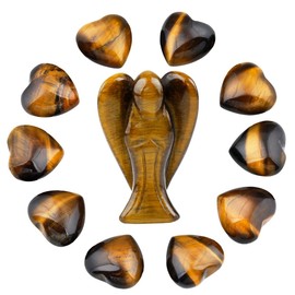 mookaitedecor Tiger's Eye Crystal Guardian Angel Ornament & Puffy Heart Healing Crystals Love Stone,Palm Worry Stones
