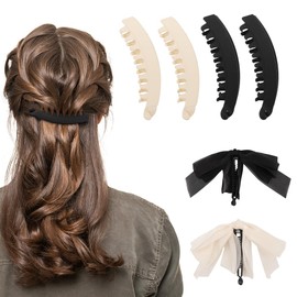 6 Piece Banana Clip Set for Women: 2 Bows Banana Clips & 4 Large Banana Hair Clips, Suitable for Thick and Fine Hair, Quick Ponytail Styling Tool for Girls and Women