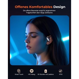 Rekhome Open Ear Headphones, Intelligent Touchscreen, Bluetooth 5.4, Deep Bass, IPX5 Waterproof Wireless Earbuds, 60 Hours Playtime, Wireless Bluetooth Headphones for Movement