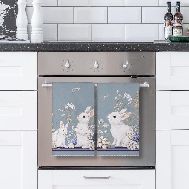 Siilues Easter Kitchen Towels, Blue Floral Bunny Happy Easter Dish