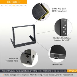 RIVECO 8u Tabletop Rack for Audio & Network, Desktop Rack Shelf Tappered Holes Open Frame Sound Recording Shelf Free Standing 2 Post Black