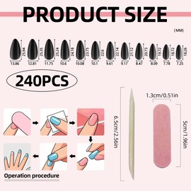 240Pcs False Nails Black Almond Stick On Nails for Women Press On Stiletto Nails Natural Black False Nails Short Almond Home Nail Salon Fake Nail