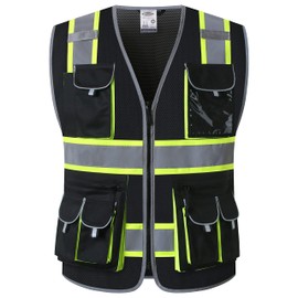 JKSafety 10 Pockets Hi-Vis Neon Color Frontal Zipper Mesh Safety Vest for Men Women Safety Utility for works Comply to ANSI/ISEA Standards (86-Black L)