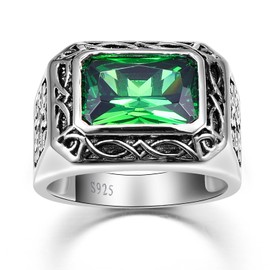 Yaresul 925 Sterling Silver Rings, Men Vintage Rings with 6.85ct Radiant-Cut Created Emerald, Emerald Ring for Men, Size Z+2.5