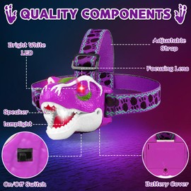 Kids Head Torch T-Rex Headlamp LED Headlight Dinosaur Toys LED Headlamp Flashlight for Kids Realistic Dino Roar Sounds 3 Modes Helmet Light for Reading Running Camping Hiking Fishing