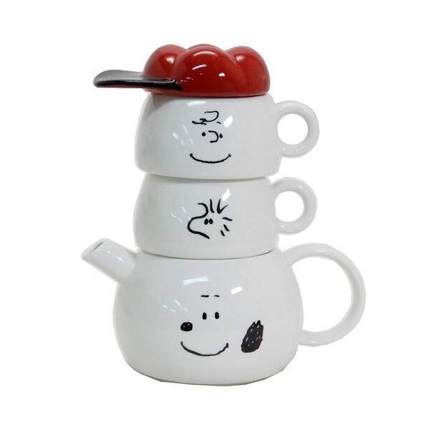SUNART Snoopy Tea-for-Two Set, Ceramic Teapot & 2 Tea Cups, Stackable Snoopy and Friends Tableware, Japan Import, Snoopy White Ceramic SPY-386