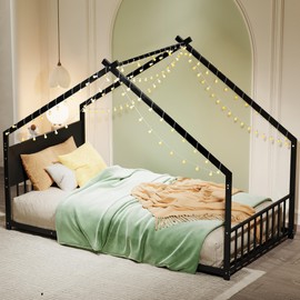 Twin Size Montessori Floor Bed Frame with Light, Montessori Bed with Headboard and Footboard, Twin Size House Floor Beds with Slats Support, Easy Assemble, Black