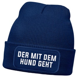 MoonWorks® Herren Beanie Strickmütze mit Patch Spruch Der mit dem Hund geht Aufdruck Lustig Mütze Männer Dunkelblau Unisize