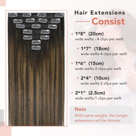 Ukira Clip in Hair Extensions Real Human Hair, 18 Inch 120g 2/6/2 Dark Brown to Chestnut Brown Balayage Hair Extensions Clip In Human Hair, Remy Human Hair Extensions Clip ins for Women