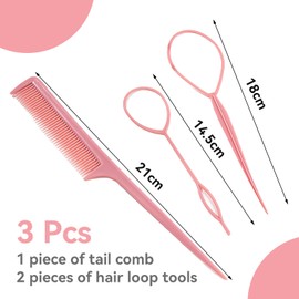 3 Pcs Topsy Tail Hair Tools, Hair Loop Pull Through Styling Accessories, Tail French Braid Loop Tool, Twister looping Tool with Parting Comb for Making Women and Girls Braid Gift Set (Pink)