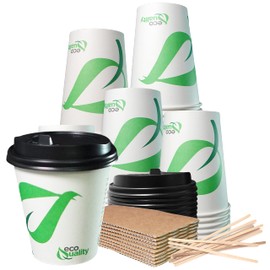 10 oz Compostable Paper Cups with Black Dome Lids, Sleeves and Wooden Stirrers - Biodegradable Disposable White Paper Coffee Cups PLA Lined - Eco-friendly Hot and Cold Drinking Cups (500)
