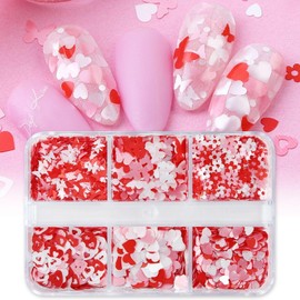 6 Grids Heart Nail Art Glitter Sequins 3D Love Heart Nail Glitter Flakes Valentine Pink Holographic Nail Sequins Laser Flowers Butterfly Nail Art Supplies for Manicure Decorations Makeup DIY Crafts