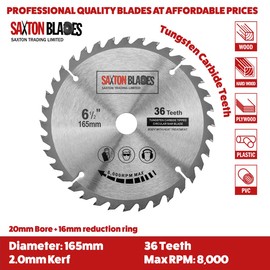 TCT165MXCSK Saxton TCT Circular Wood Saw Blades 165mm x 20mm (16mm Ring) Pack C Compatible with Bosch Makita Dewalt etc