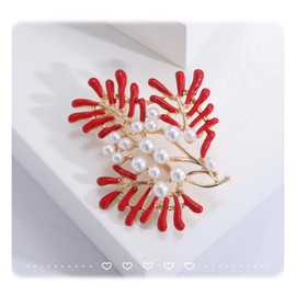 Creative Red Coral Pearl Brooch for Women Girls Cubic Zirconia Clothing Corsage Red Flower Brooch Ladies Coat Jacket Dress Hat Scarf Shawl Brooch Pins Badges Accessories Jewellery Gifts