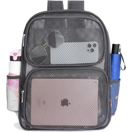 Mesh Backpack for School Heavy Duty Mesh Book bag Mesh See Through Backpack for School Beach, Travel - Color: grey