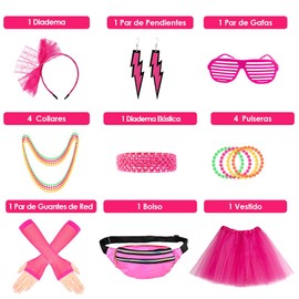 AUTOWT Accesorios de Disfraces de los 80 para Mujer, 9 Pcs Conjunto de Disfraz con Riñonera, Falda Tutú, Gafas de Neón, Guantes, Diadema, Banda para el Pelo, Pendientes, Collares y Pulseras para Mujer