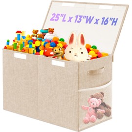 Large Toy Storage Box with Lid Divider, Sturdy Collapsible Toys Organizer Chest Kids Storage Bins Boxes Baskets for Boys, Girls, Nursery, Bedroom, Living Room, Playroom, 25"x13"x16", Beige