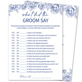 Blue Floral Bridal Shower Game Cards - What Did the Groom Say, Wedding Engagement Bachelorette Party Bridal Shower Games for 30 Guests, Double Sided Cards Set of 30, Activity Supplies & Favor/B08