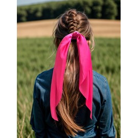 LFOUVRE Pack of 2 Knotted Bow Hair Scrunchies Elastic Hair Scarf Black Hair Ties Bands Satin Hair Ribbon Scrunchy Red Ponytail Holder for Women and Girls (Hot pink)