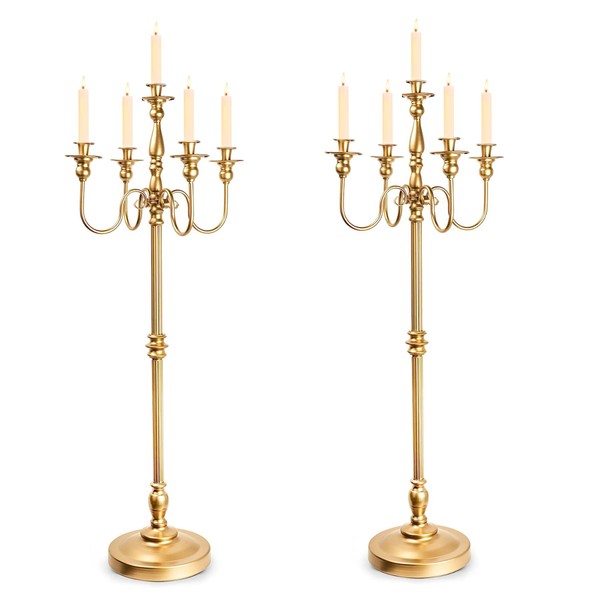 Gold Candelabra for Wedding Event Decor, 50'' Tall Candelabra Floor Candle Holders, 2 Pcs Metal 5 Arm Candelabra Candle Holder Centerpiece Decorations for 5 Candlesticks Party Wedding Aisle Home Decor