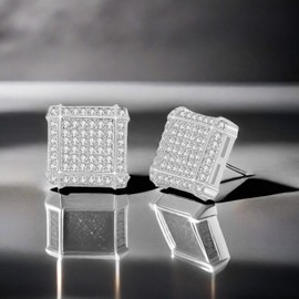 Gold Earrings for Men, Cubic Zirconia Stud Earrings for Women, Round Square Hypoallergenic Earrings,14K Gold Plated Earrings Set for Hip Hop (Ear08-Silver)