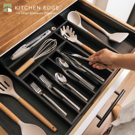 KitchenEdge Premium Silverware, Flatware and Utensil Organizer for Kitchen Drawers, Expandable 16 to 28 In Wide, 10 Compartments, Food-Safe Contract Grade Black Finish 100% Bamboo Wood