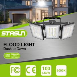 STASUN 150W Dusk to Dawn LED Flood Light, 15000lm 5000K Super Bright Outdoor Lighting, IP66 Waterproof, Wide Angle, LED Security Area Light for Yard, Patio, Parking Lot