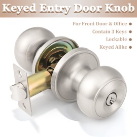 Probrico (6 Pack) Satin Nickel Round Entry Door Knobs Keyed Alike, Exterior/Interior Door Handles Bedroom Bathroom/Front/Offic Doors, Door Lock with Locks and 3 Combo Keys Lock Security
