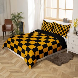 Feelyou - Juego de ropa de cama a cuadros para adolescentes, mujeres, hombres, amarillo, negro, a cuadros, tamaño individual, niños, niñas, lindo, retro, neutro, tablero de ajedrez, funda de edredón