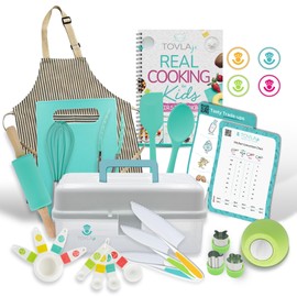 Tovla JR Kids Real Cooking and Baking Ultimate Gift Set | Montessori Kid-Safe Knives, Apron, Visual Cookbook, Timer, Storage Case & Tools | Premium Christmas & Birthday Gift for Girls & Boys