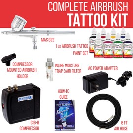 Master Airbrush Multi-purpose Airbrush Kit with Mini Compressor, Dual-action Gravity Feed Airbrush. Air Hose and 8 Color Tattoo Paint Set
