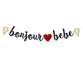 Bonjour Bebe Banner，Black Glitter French Theme Baby Shower Party Decor，Happy 1st Birthday Party Decorations Supplies. Already threaded.