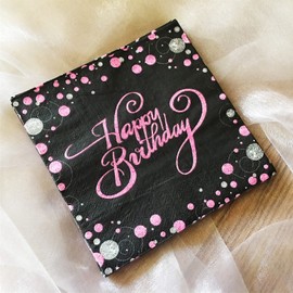 Happy Birthday Disposable Paper Napkins Black and Pink for Adults and Kids,Birthday Party Beverage Paper Cocktail 13 x 13 inches,6.5 x 6.5 inches