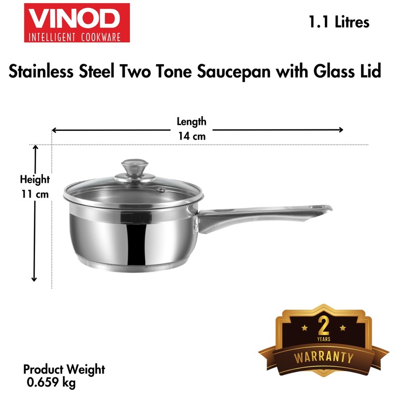 Vinod Two Tone Stainless Steel Saucepan with Glass Lid -