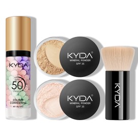 KYDA Mineral Makeup Kit, Includes SPF 50 Color Correcting Primer, SPF 35 Loose Powder Foundation + Translucent Loose Setting Powder, Foundation Brush, Makeup Starter Set, Travel Size - Fair Light