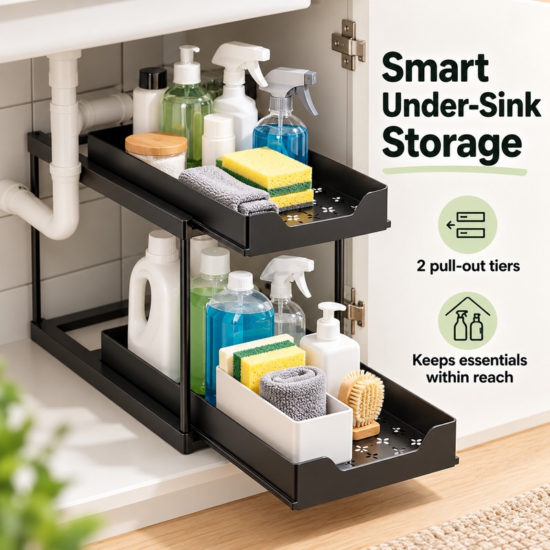 2-Tier Pull-Out Under Sink Organizer - Black Sliding Storage Rack