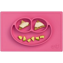 ez pz Happy Mat Plato Autoadherible de Silicón para Bebé, Mantel Individual con Plato para Bebés +24 Meses, Color Rosa