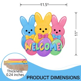 Deroro Welcome Easter Peeps Bunny Front Door Sign, Cute Rabbit Wood Door Hanger Outdoor Outside Porch Decor, Spring Easter Eggs Wooden Wreath Indoor Wall Hanging Decoration