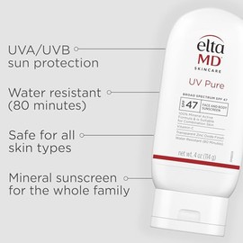 EltaMD Protector solar facial y corporal puro UV, protector solar mineral SPF 47 para niños y adultos, resistente al agua hasta 80 minutos, fórmula de óxido de zinc sin aceite