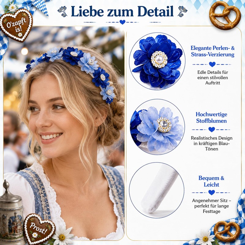 Women's Flower Headband Dirndl - Blue Oktoberfest Accessory Set