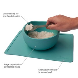 Modaliv Adult Size Scooper Bowl with Silicone Placemat Suction Base (34oz) - Food Grade Silicone Suction Bowls for Adults - Dishwasher and Microwave Safe Adaptive Equipment (Turquoise)