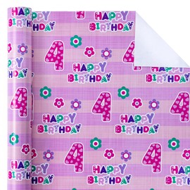 WRAPAHOLIC 4th Birthday Wrapping Paper - Mini Roll - 17 Inch X 33 Feet - Pink Floral Happy Birthday for Girls Birthday, Party, Holiday