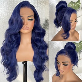 BlackSwern 13x6 HD Glueless Lace Frontal Wigs Pre-Plucked, 200 Density Dark Blue Similar Human Hair Synthetic Long Body Wave Lace Front Wig Ready to Wear, 26inch #Dark Blue